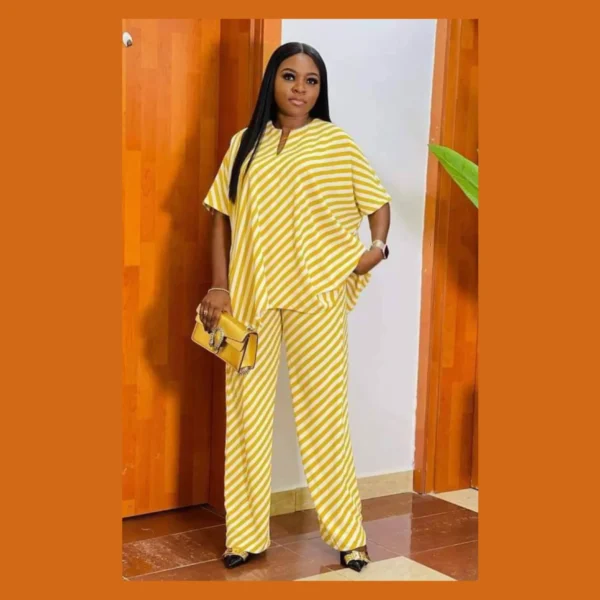 Chic Yellow Striped Kaftan Two-Piece Set