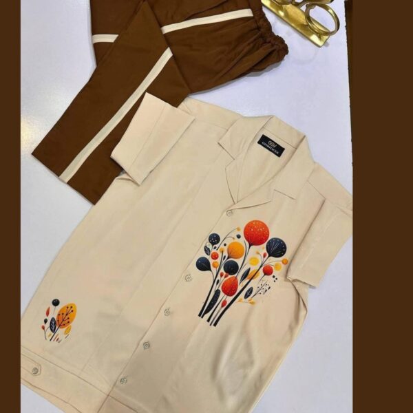 Modern Cream & Brown Co-ord Set with Abstract Floral Print