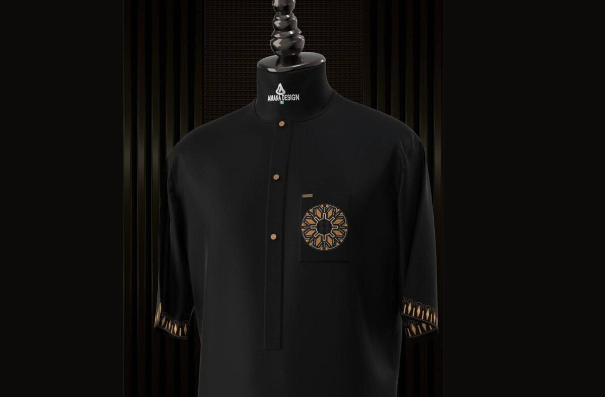 Amana Design: Black Men's Top with Gold & Geometric Embroidery - Image 1